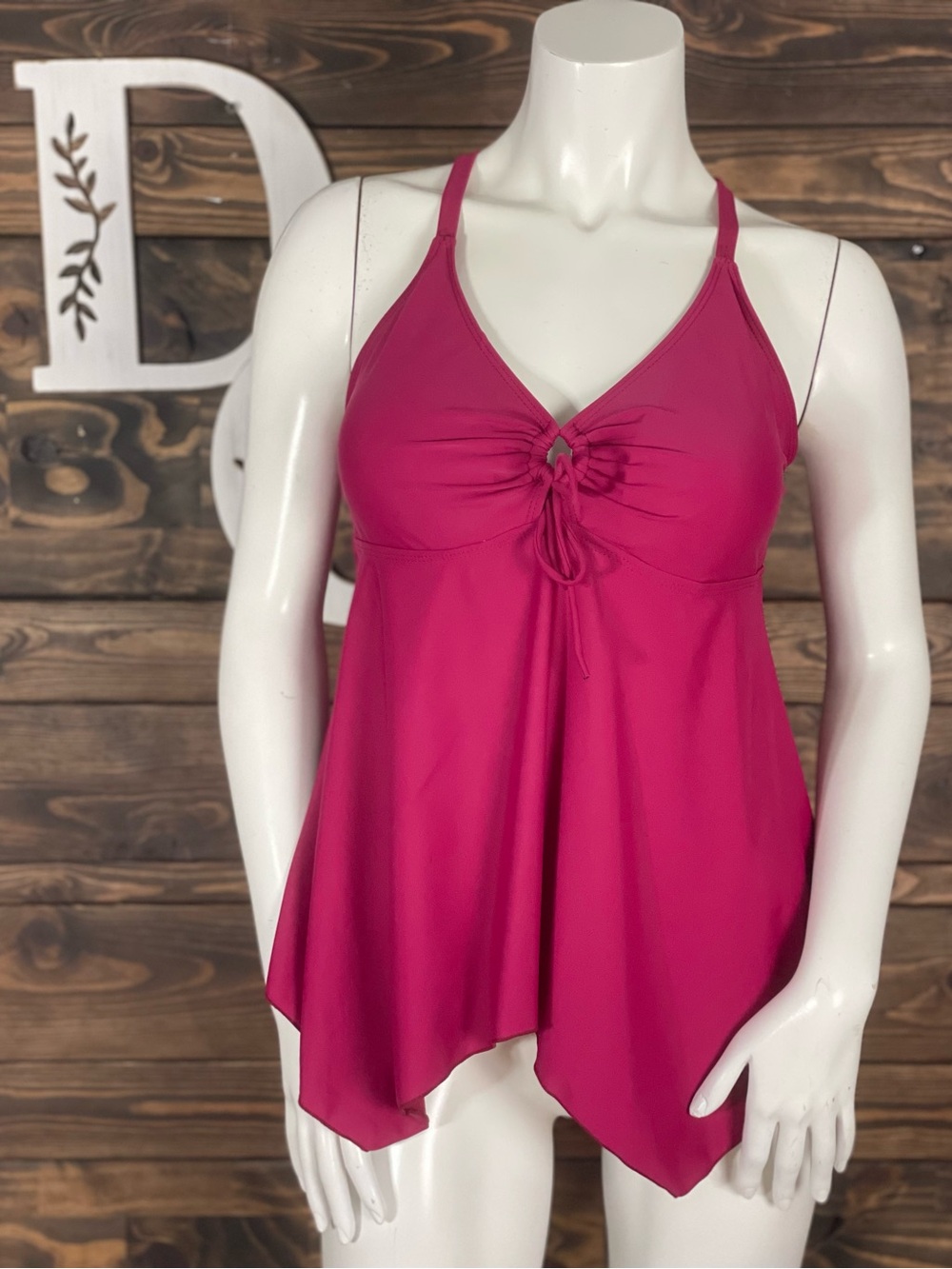 Fuchsia Ruched Handkerchief Hem Tank Tankini Swim Top Tie Front Keyhole Cutout